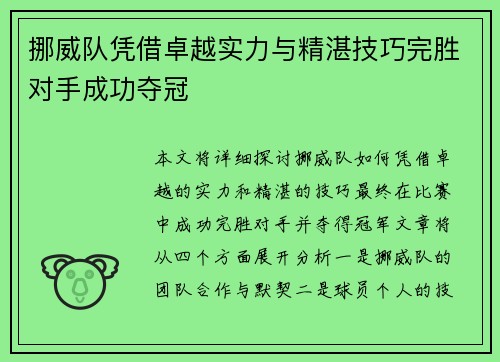 挪威队凭借卓越实力与精湛技巧完胜对手成功夺冠