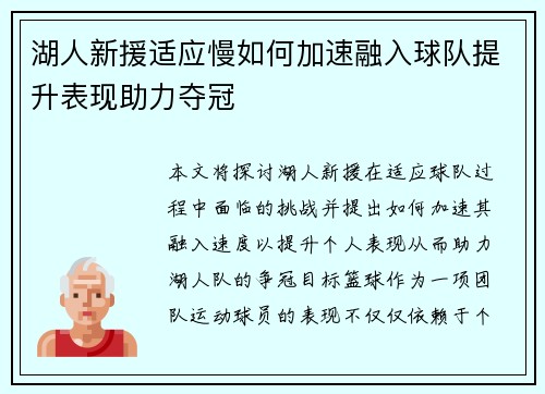 湖人新援适应慢如何加速融入球队提升表现助力夺冠