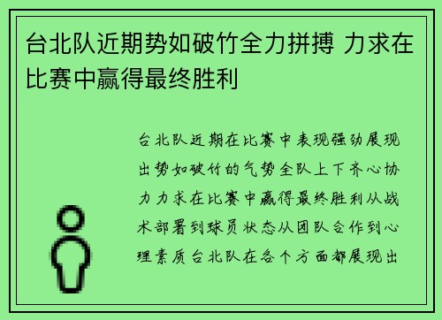 台北队近期势如破竹全力拼搏 力求在比赛中赢得最终胜利