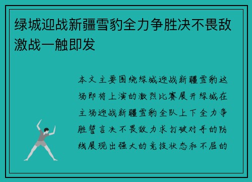 绿城迎战新疆雪豹全力争胜决不畏敌激战一触即发