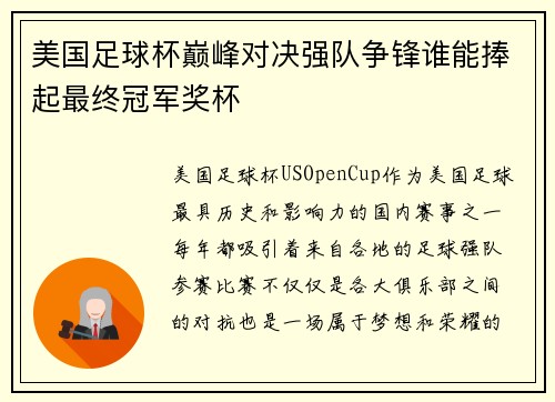 美国足球杯巅峰对决强队争锋谁能捧起最终冠军奖杯