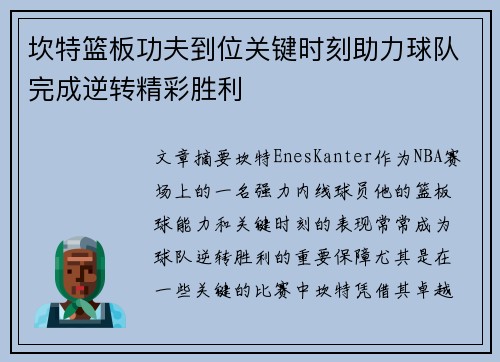 坎特篮板功夫到位关键时刻助力球队完成逆转精彩胜利