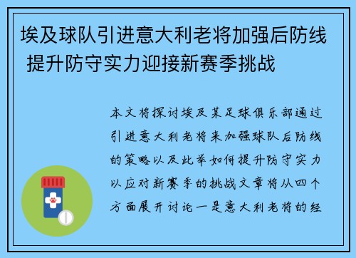 埃及球队引进意大利老将加强后防线 提升防守实力迎接新赛季挑战